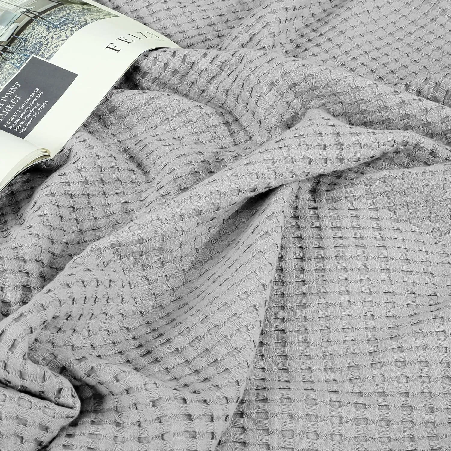 Tex Trend 100% Cotton Queen Size Waffle Weave Blanket - Lightweight, Breathable, Soft, Light Grey, 90x90 Inches
