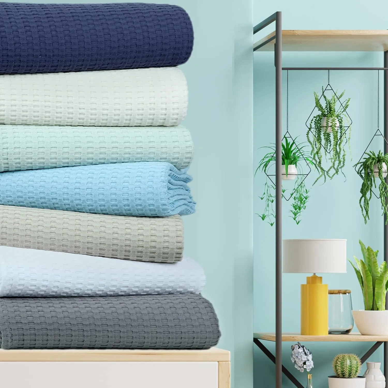 Tex Trend 100% Cotton Queen Size Waffle Weave Blanket - Lightweight, Breathable, Soft, Light Grey, 90x90 Inches
