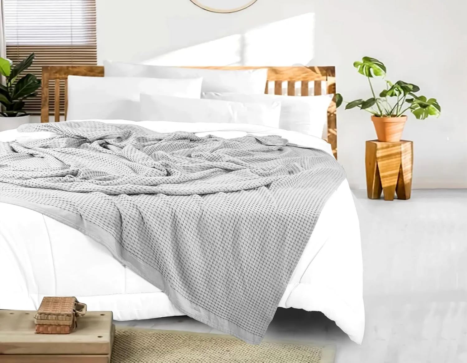 Tex Trend 100% Cotton Queen Size Waffle Weave Blanket - Lightweight, Breathable, Soft, Light Grey, 90x90 Inches