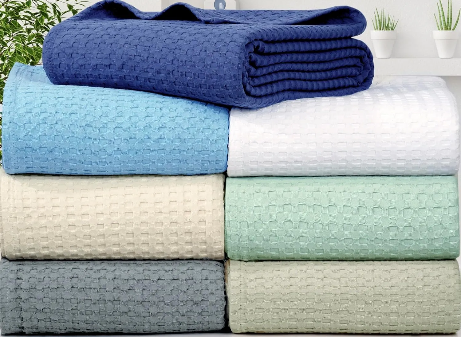 Tex Trend 100% Cotton Queen Size Waffle Weave Blanket - Lightweight, Breathable, Soft, Light Grey, 90x90 Inches