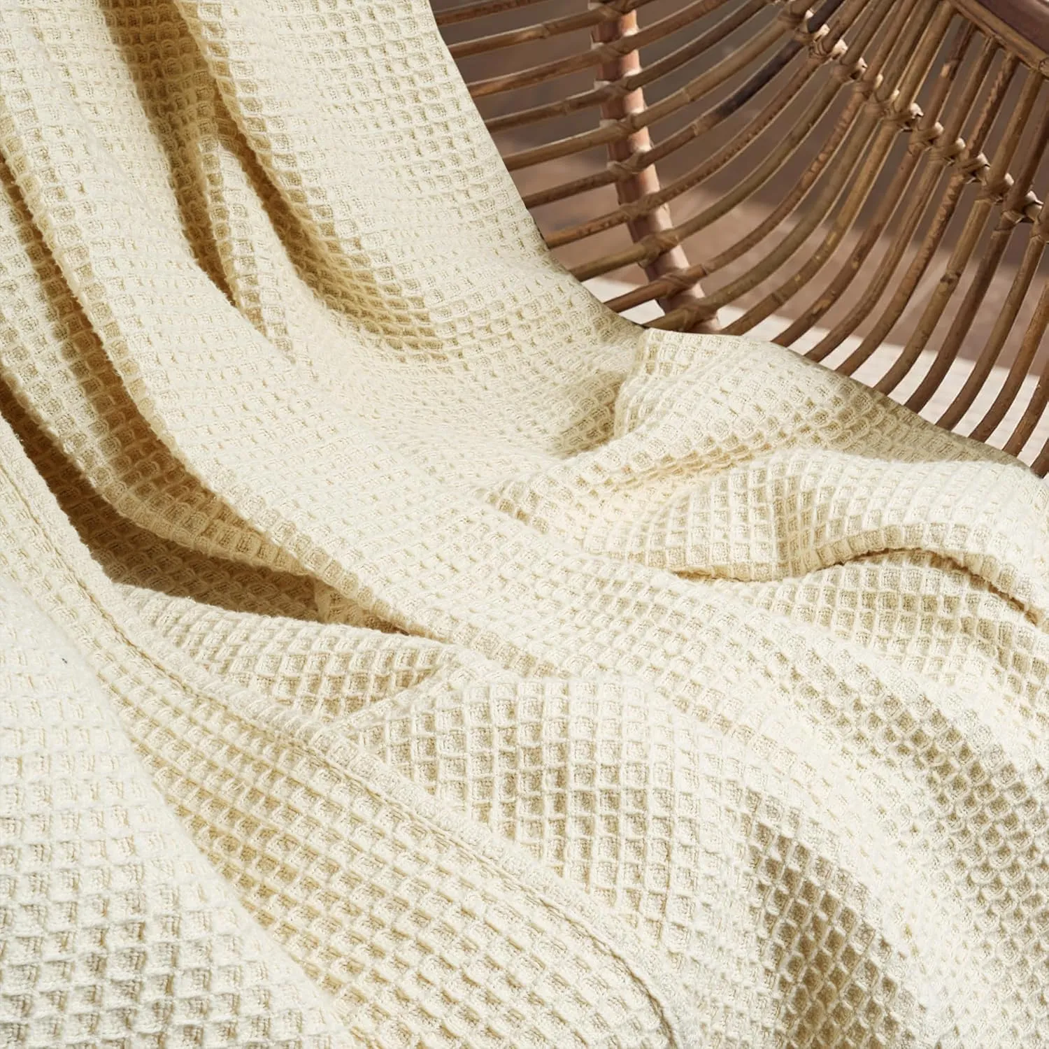Tex Trend Ivory Waffle Blanket – 100% Cotton Blankets Queen Size – Breathable and Soft for Summer Spring – Suitable for Bed Layering, Sofa - Ivory (90”x90”)