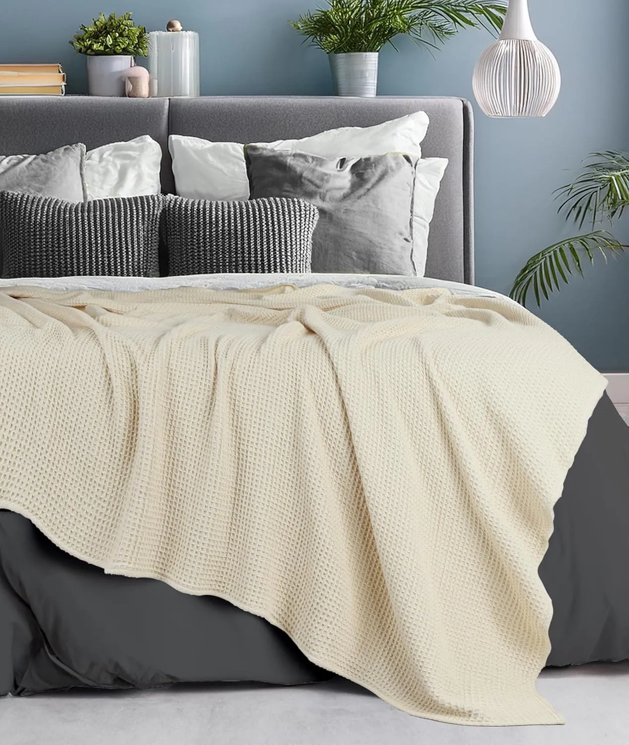 Tex Trend Ivory Waffle Blanket – 100% Cotton Blankets Queen Size – Breathable and Soft for Summer Spring – Suitable for Bed Layering, Sofa - Ivory (90”x90”)