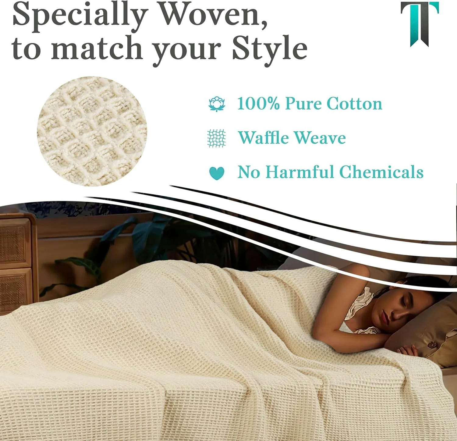Tex Trend Ivory Waffle Blanket – 100% Cotton Blankets Queen Size – Breathable and Soft for Summer Spring – Suitable for Bed Layering, Sofa - Ivory (90”x90”)
