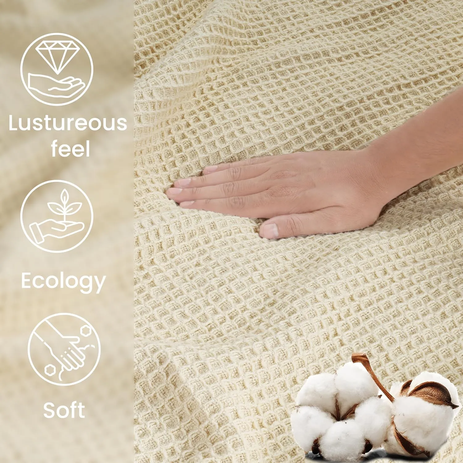 Tex Trend Ivory Waffle Blanket – 100% Cotton Blankets Queen Size – Breathable and Soft for Summer Spring – Suitable for Bed Layering, Sofa - Ivory (90”x90”)