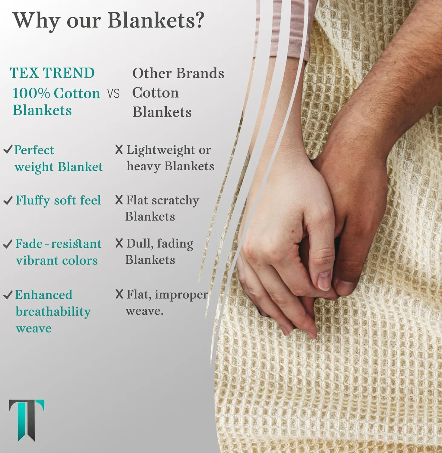 Tex Trend Ivory Waffle Blanket – 100% Cotton Blankets Queen Size – Breathable and Soft for Summer Spring – Suitable for Bed Layering, Sofa - Ivory (90”x90”)
