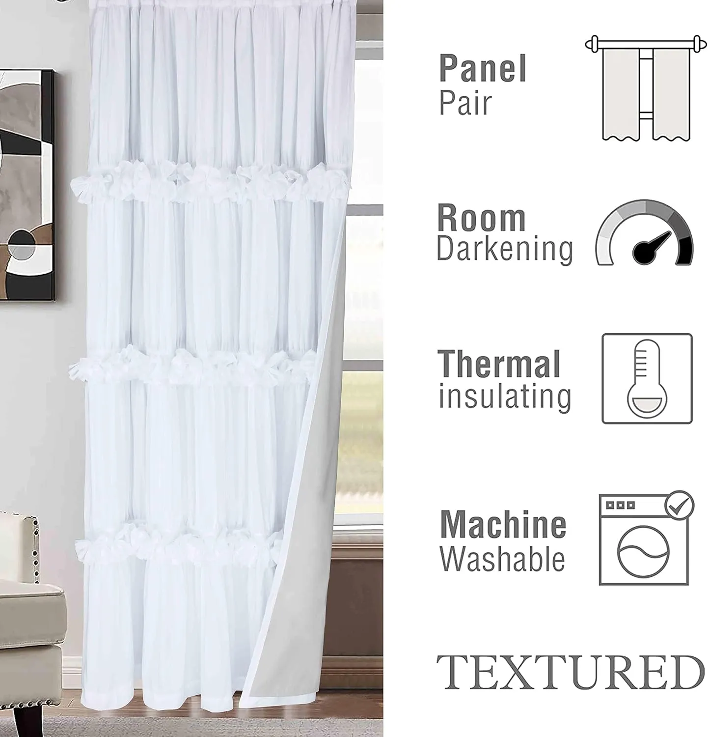 Thermal Insulated Blackout Window Curtains, 54" W x 84" L x 2 Panels, Boho Ruched Window Treatments with 3 Rows of Butterfly Flowers, Rustic Rod Pocket Drapes for Room, White (LQ-30)