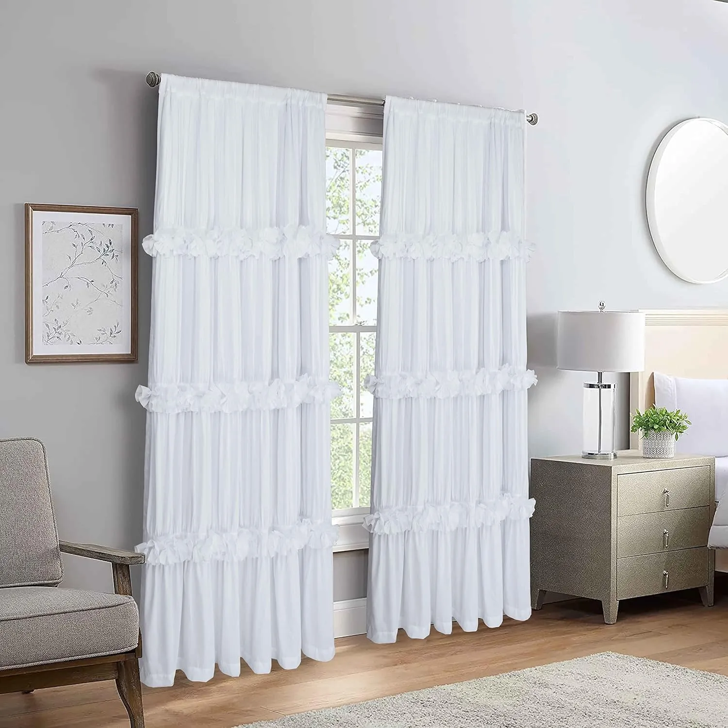 Thermal Insulated Blackout Window Curtains, 54" W x 84" L x 2 Panels, Boho Ruched Window Treatments with 3 Rows of Butterfly Flowers, Rustic Rod Pocket Drapes for Room, White (LQ-30)