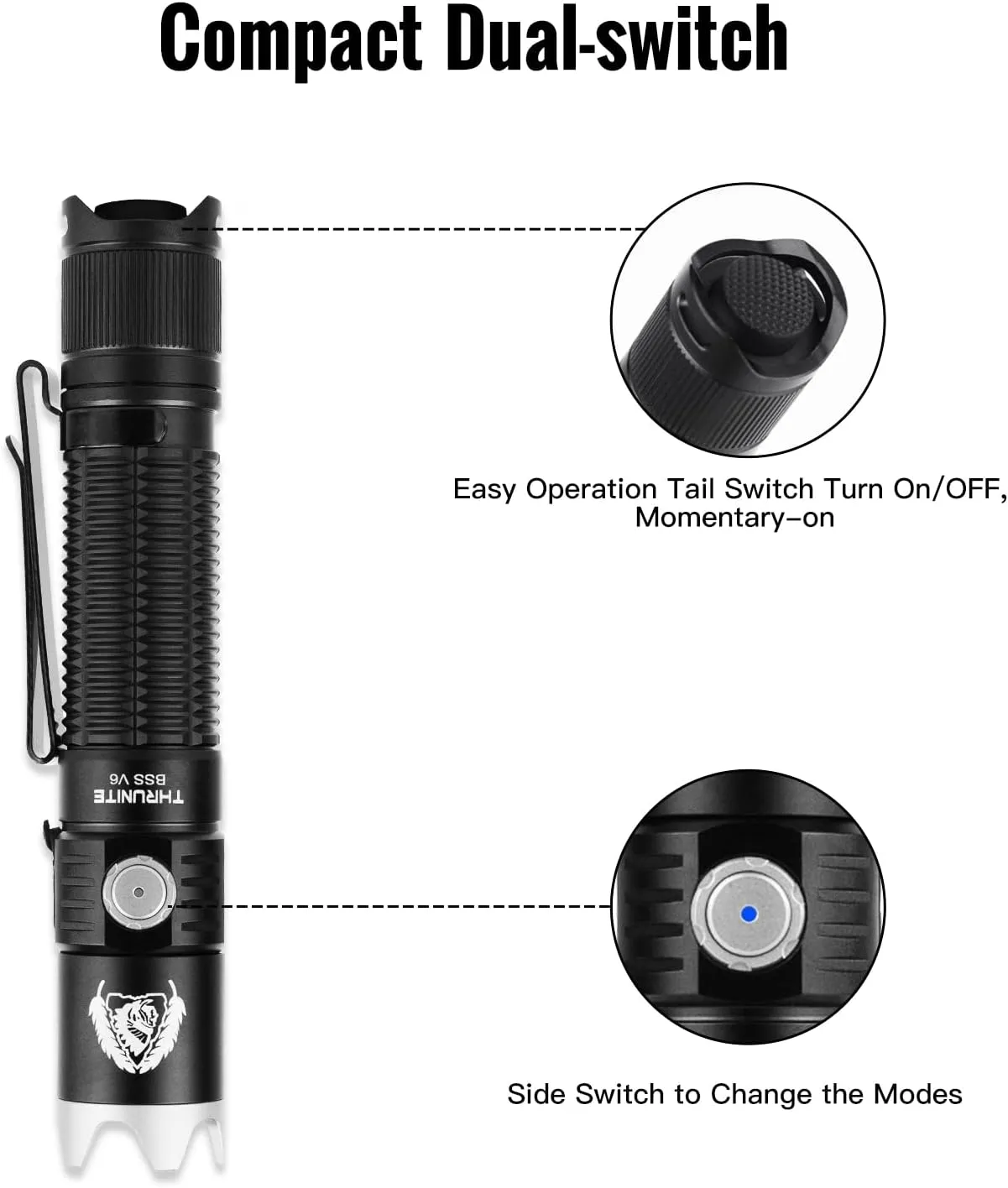 ThruNite BSS V6 Black Scout Survival Customized Edition EDC Flashlight, USB-C Rechargeable LED Flashlight, High 2000 Lumens, 6 Light Modes, Dual Switches Bright Flashlights, Black - CW