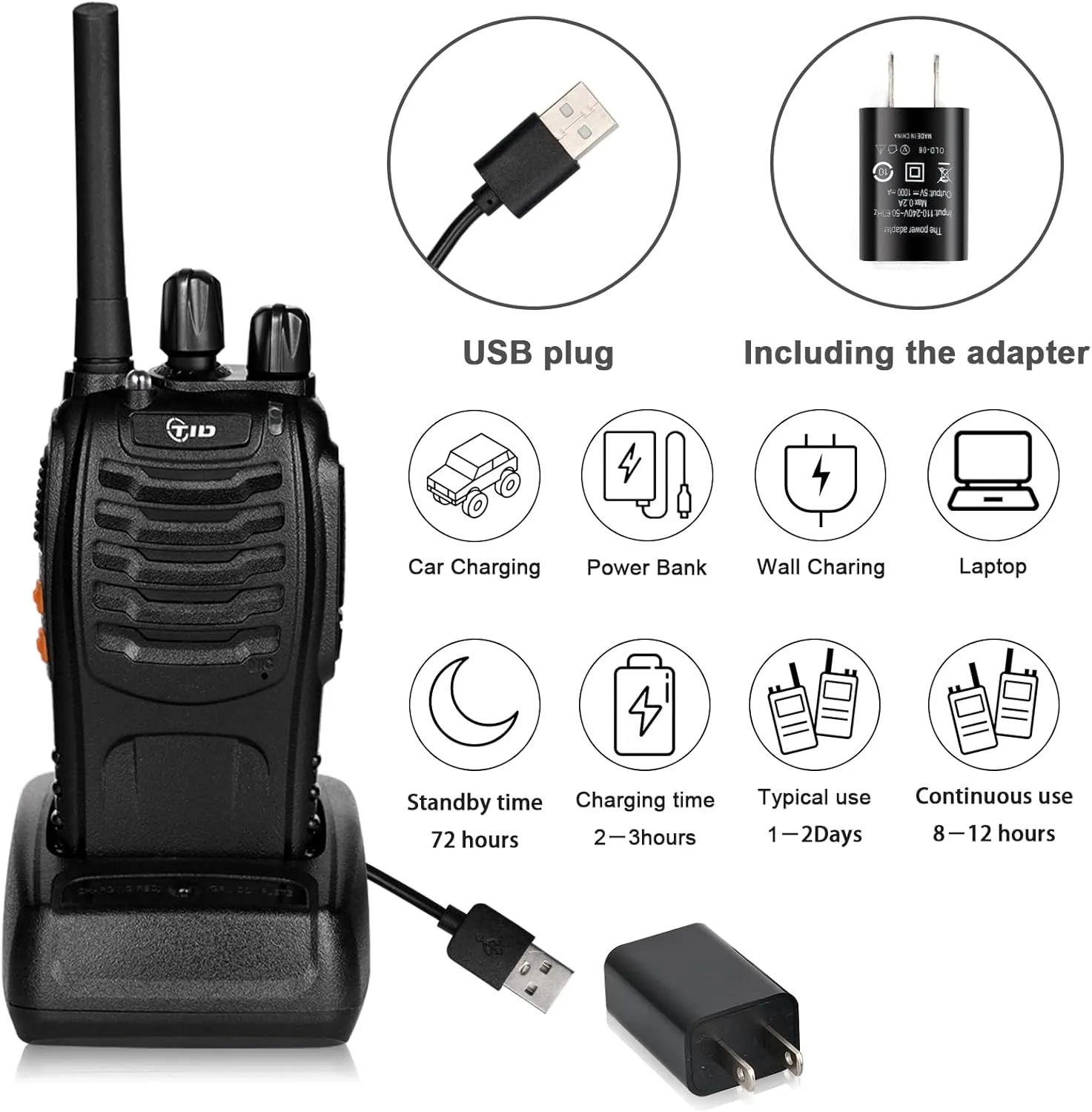 TIDRADIO TD-V2 Walkie Talkies Long Range Rechargeable Two Way Radios with Secret Service Earpiece, 16CH Portable Durable, Frequency Copy, Flashlight VOX Walky Talky for Business Family - Black, 8 Pack