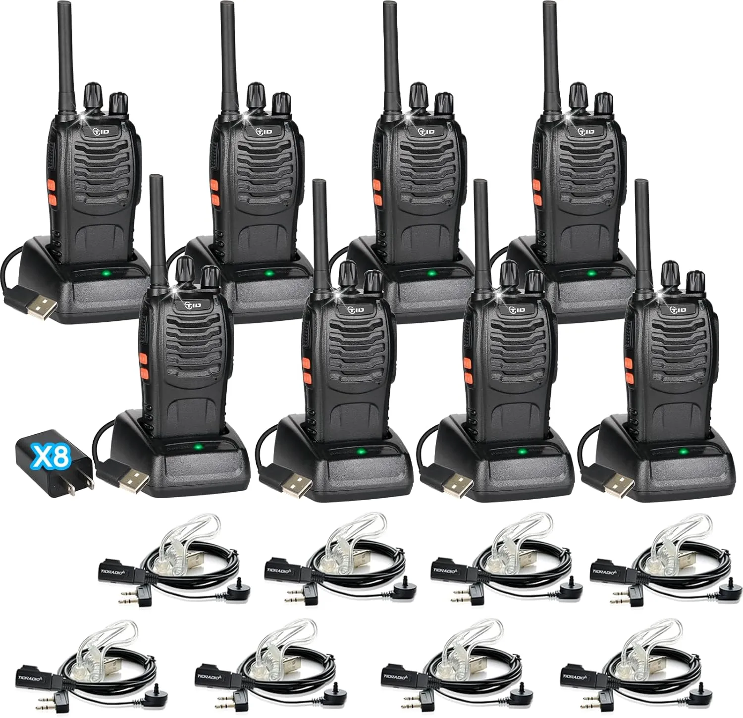 TIDRADIO TD-V2 Walkie Talkies Long Range Rechargeable Two Way Radios with Secret Service Earpiece, 16CH Portable Durable, Frequency Copy, Flashlight VOX Walky Talky for Business Family - Black, 8 Pack