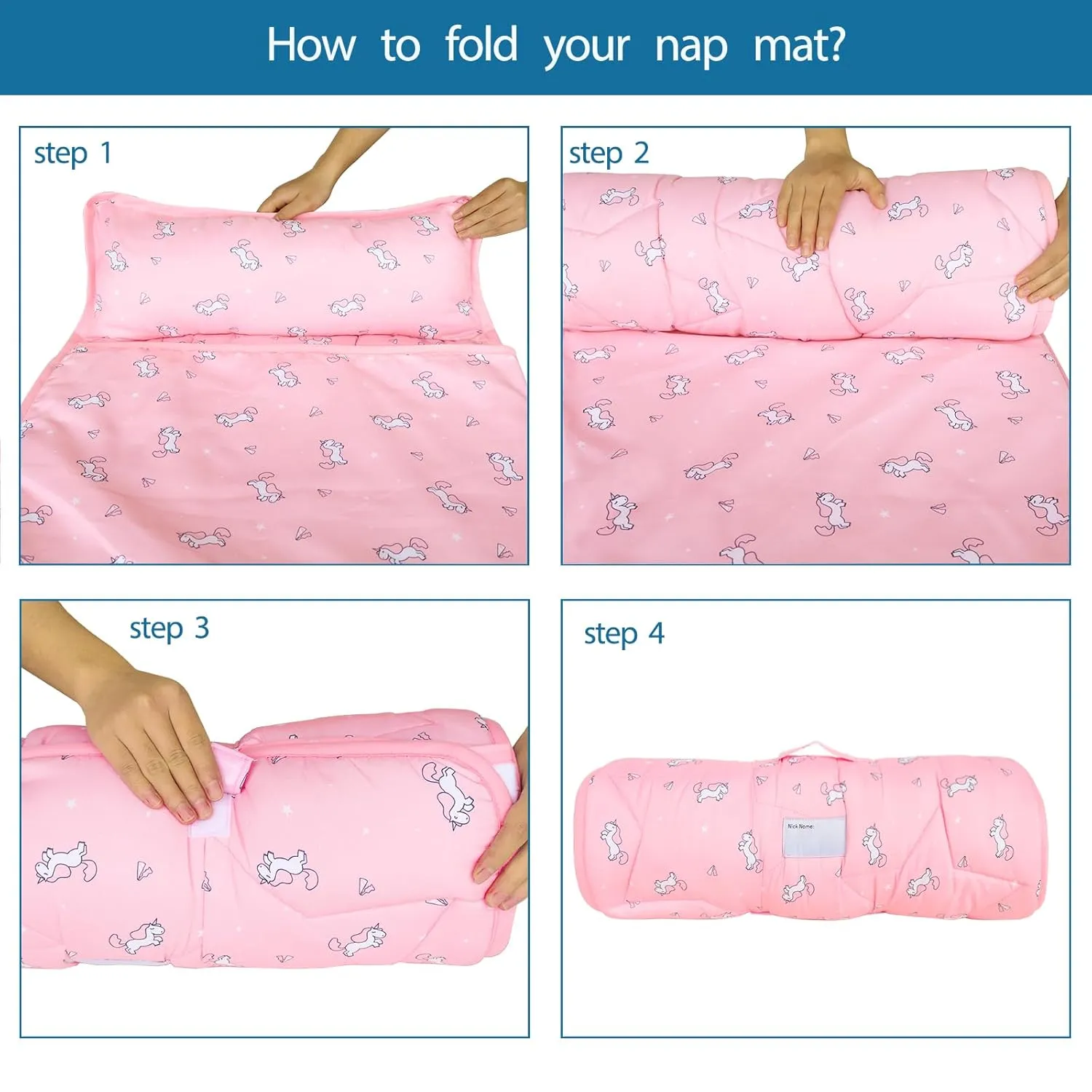 Toddler Nap Mat with Pillow and Blanket 50" x 21" x 1.5", Nap Mat for Boys Girls Super Soft and Cozy, Kids Sleeping Bag for Preschool, Daycare, Toddler Sleeping Bag, Pink Horse