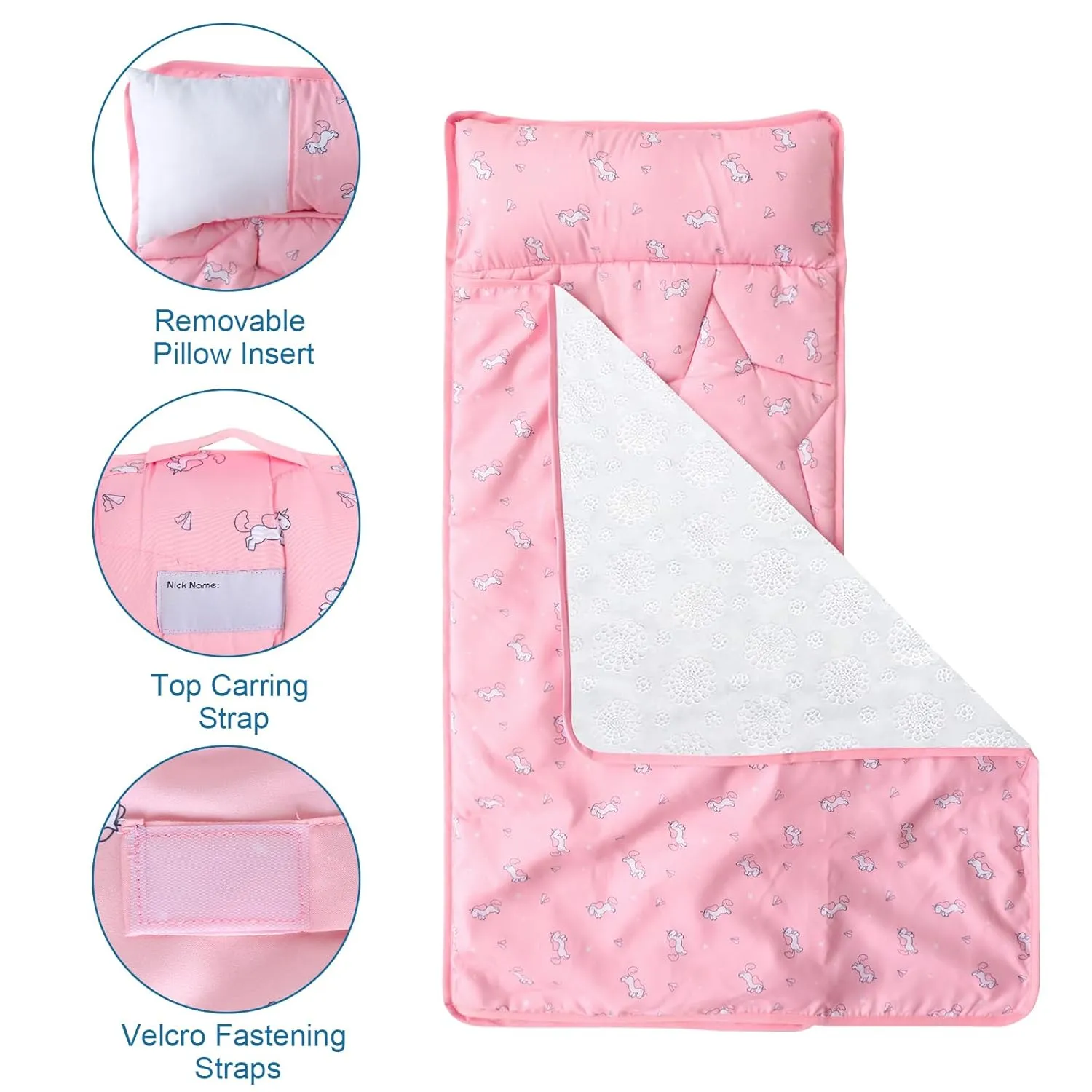 Toddler Nap Mat with Pillow and Blanket 50" x 21" x 1.5", Nap Mat for Boys Girls Super Soft and Cozy, Kids Sleeping Bag for Preschool, Daycare, Toddler Sleeping Bag, Pink Horse