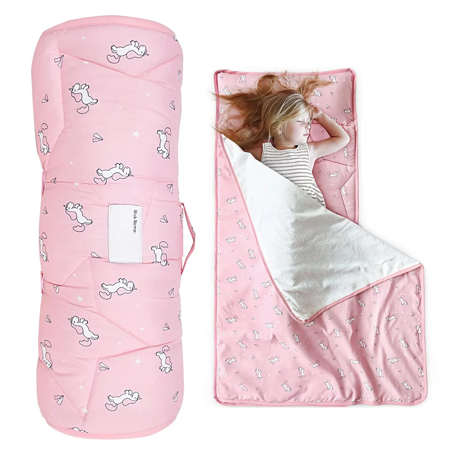 Toddler Nap Mat with Pillow and Blanket 50" x 21" x 1.5", Nap Mat for Boys Girls Super Soft and Cozy, Kids Sleeping Bag for Preschool, Daycare, Toddler Sleeping Bag, Pink Horse