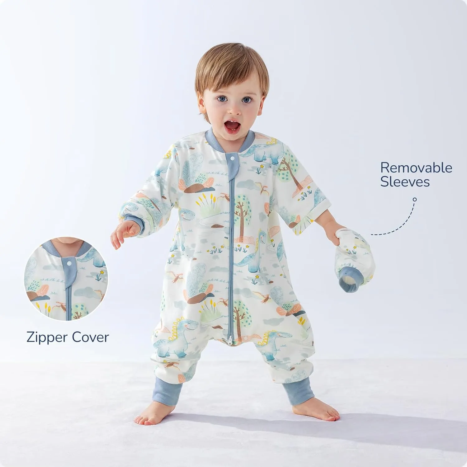 Toddler Sleep Sack with Feet, 1.0 TOG Removable Long Sleeve Combed Cotton Sleep Sack with Legs, Soft Wearable Blanket Baby Sleeping Bag for Kids 24-36 Months