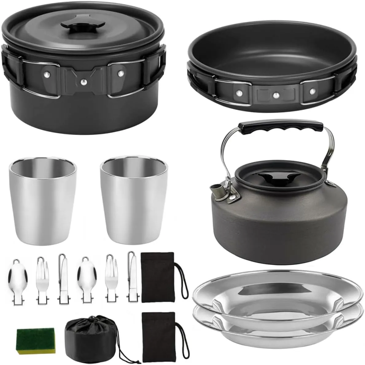 Totority Complete Camping Cookware Kit Teapot Plate Aluminum Cookware Portable Hiking Utensils Non-Slip Handle