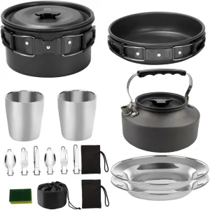 Totority Complete Camping Cookware Kit Teapot Plate Aluminum Cookware Portable Hiking Utensils Non-Slip Handle