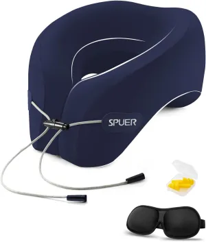 Travel Pillow for Sleeping – Memory Foam Neck Pillow for Airplane Travel, Long Flights, Car & Office, Airplane Pillow with Eye Mask, Earplugs & Travel Storage Bag (Navy Blue)