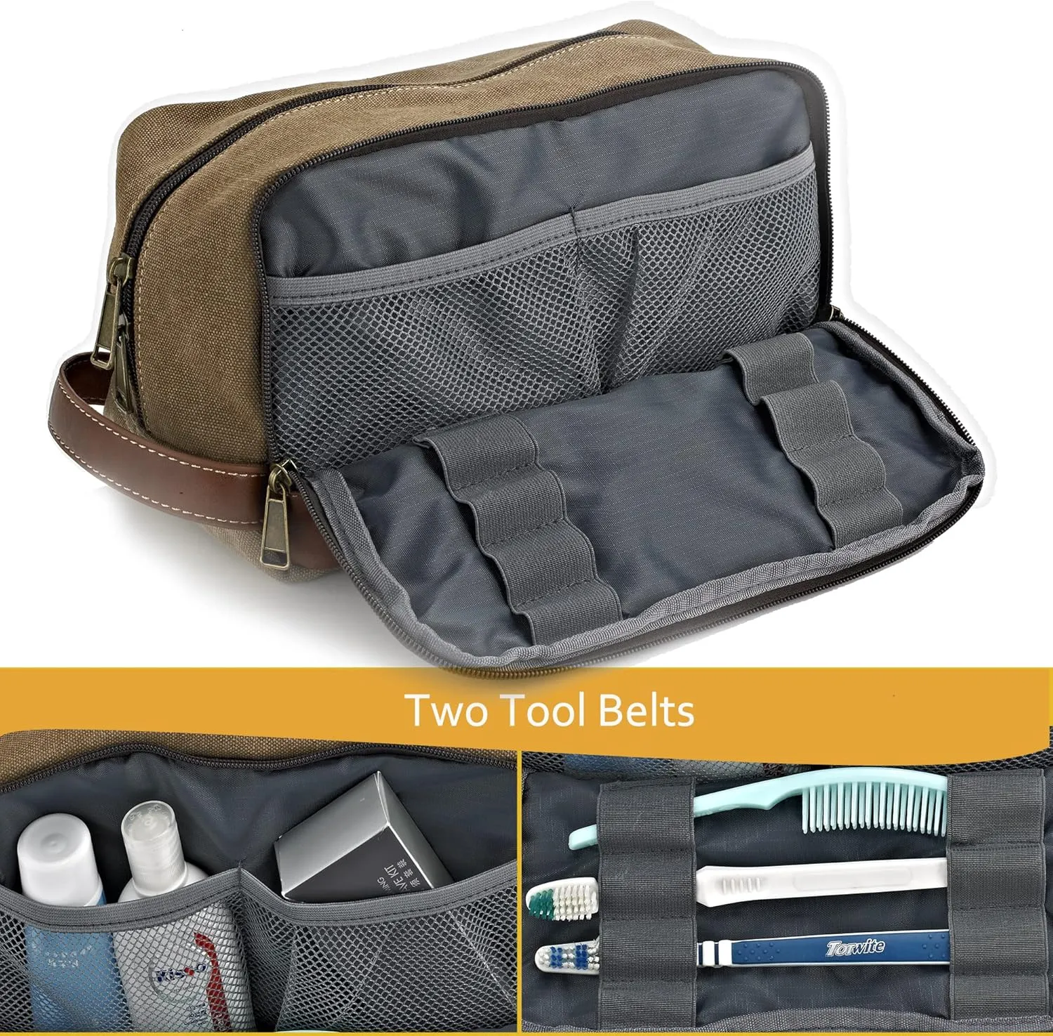 Travel Toiletry Bag for Men and Women, Canvas Toiletry Organizer Water-Resistant Vegan Leather, Hanging Dopp Kit Shaving Bag for Toiletries Accessories