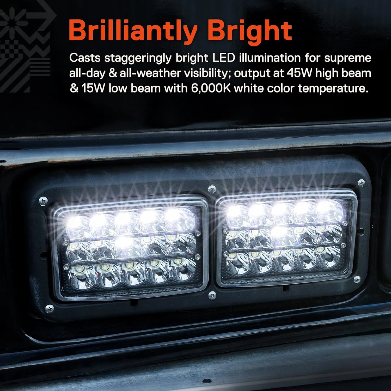 TRUE MODS 4pc Black 6x4 4x6 Inch LED Headlights 45W H4 High Low Sealed Beam H4652 H4666 H6545 H4651 H4656 for Freightliner Classic XL FLD 120 Peterbilt 379 357 378 385 Kenworth T600 T800 W900 T2000