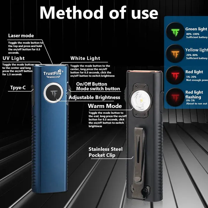 TrustFire MiniX3 EDC Multi-Function Flashlight Available with white light, flood light, green laser, and UV or red light options(BUY NOW AND ENJOY AUTOMATIC 20% OFF)