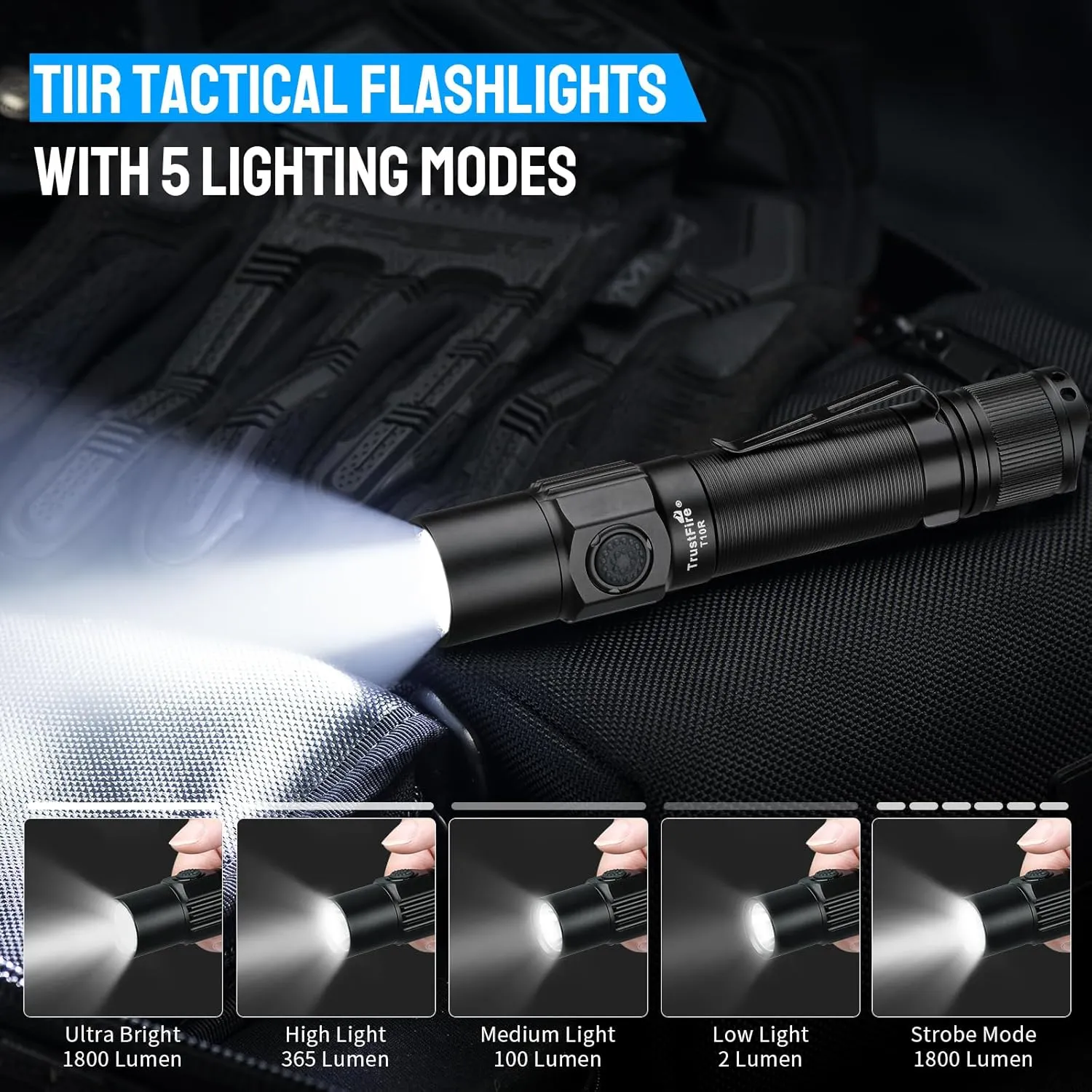 TrustFire T10R Flashlight High Lumens, 1800 Lumnen Rechargeable Flashlights 5 Modes Super Bright LED Tactical Flashlight IP68 Pocket EDC Flash Light for Camping, Emergency, Rescue, Hunting, Repair