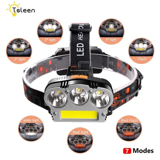 TSLEEN 7 Modes Waterproof COB LED Flashlight Outdoors Headlight Headlamp Head Light Lamp Torch Lanterna With 2x18650 Batteries