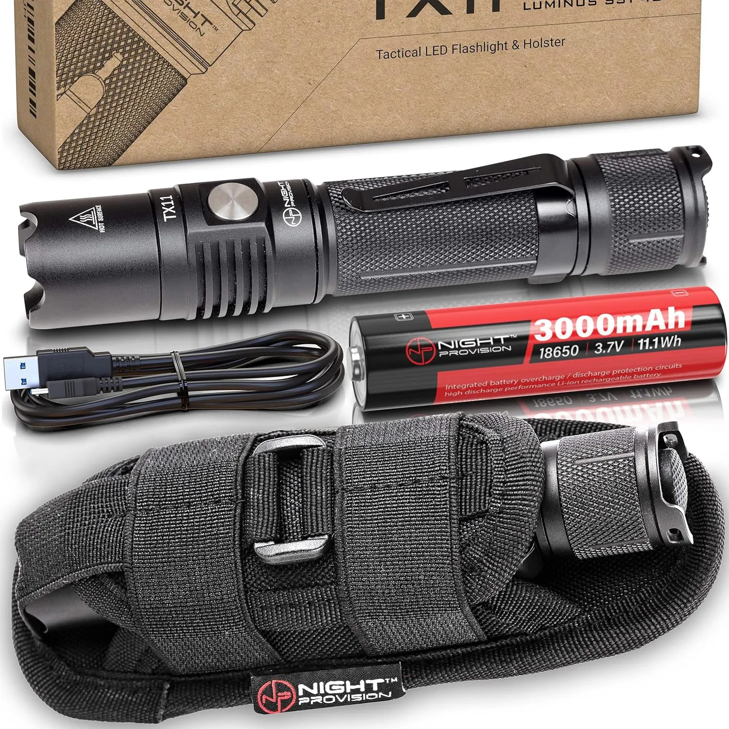 TX11 Tactical Flashlight & TH2C Premium Holster w/ USB-C Rechargeable Battery Luminus 1600 Lumens LED For Police Security Military Grade Brightest Tac Flashlights - Complete Tactical Edition