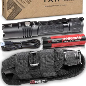 TX11 Tactical Flashlight & TH2C Premium Holster w/ USB-C Rechargeable Battery Luminus 1600 Lumens LED For Police Security Military Grade Brightest Tac Flashlights - Complete Tactical Edition