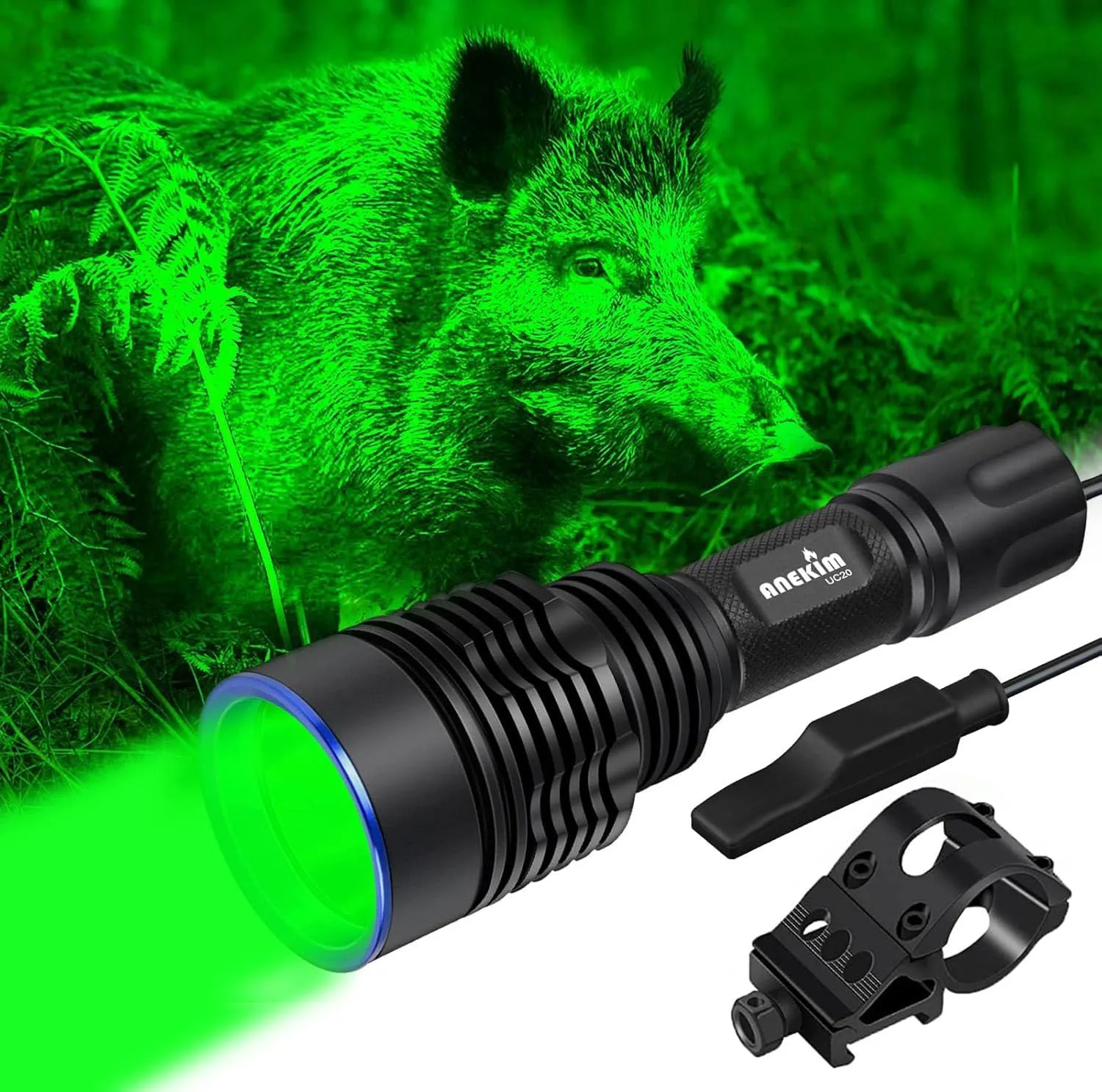 UC20 Green Hunting Flashlight kit, 1586 Yards Green LED Weapon Light, 2000 High Lumens Rechargeable Tactical Light, Picatinny Mount, Pressure Switch for Long Distance Night Hunt