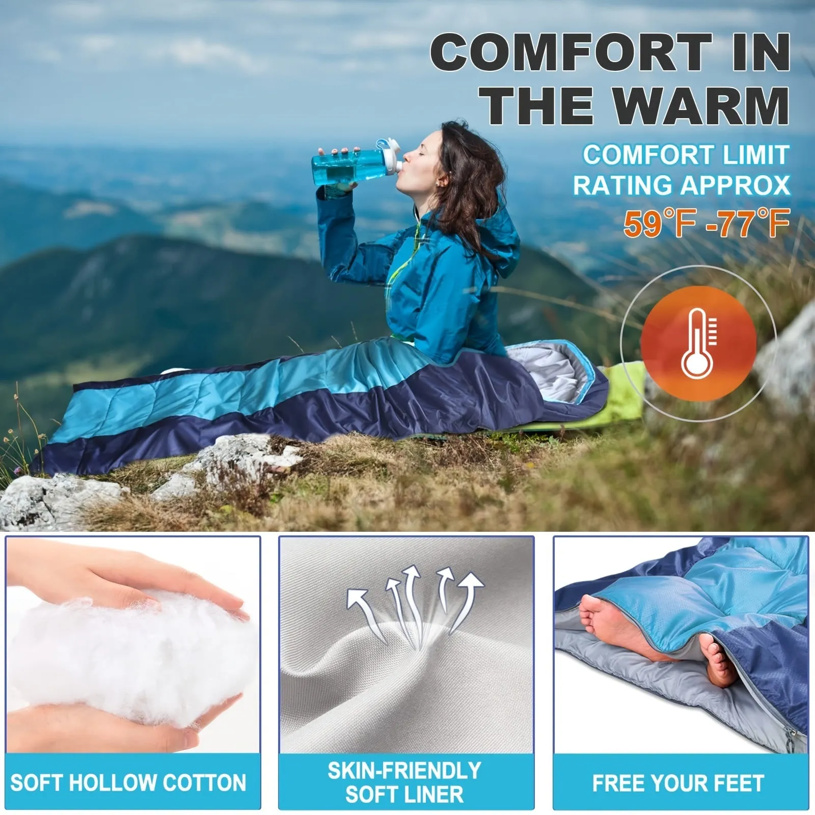 Ultra-Lightweight 4-Season Sleeping Bag - Waterproof, Compact, and Insulated for Adults and Kids - Ideal for Camping, Hiking, Mountaineering, and Outdoor Adventures - Blue