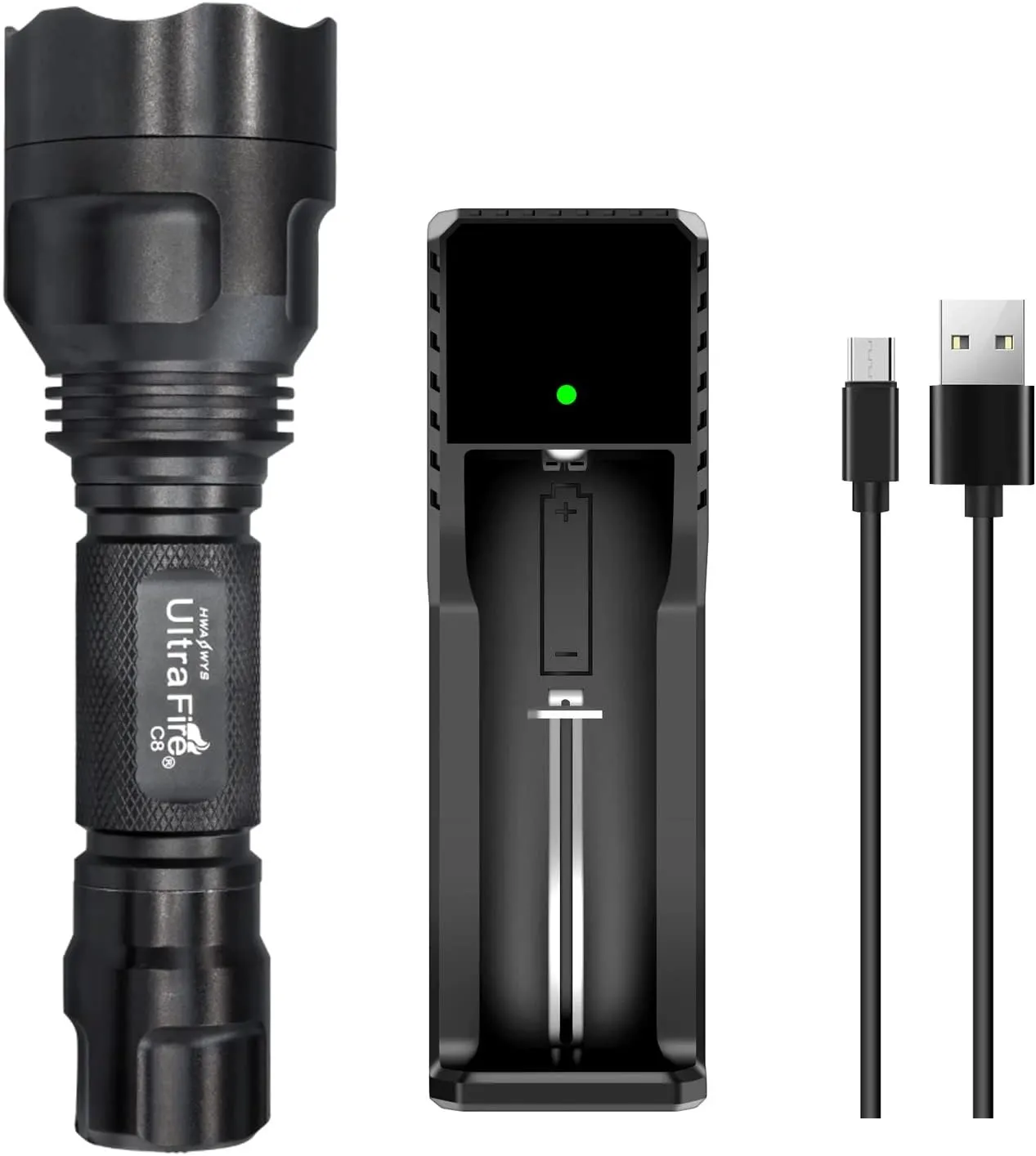 ULTRAFIRE C8 Single Mode LED Mini Flashlight 1000 High Lumen Tactical Flashlight with Charger and UFB18,for Emergency, Camping, Everyday Carry EDC Handheld Flash Light