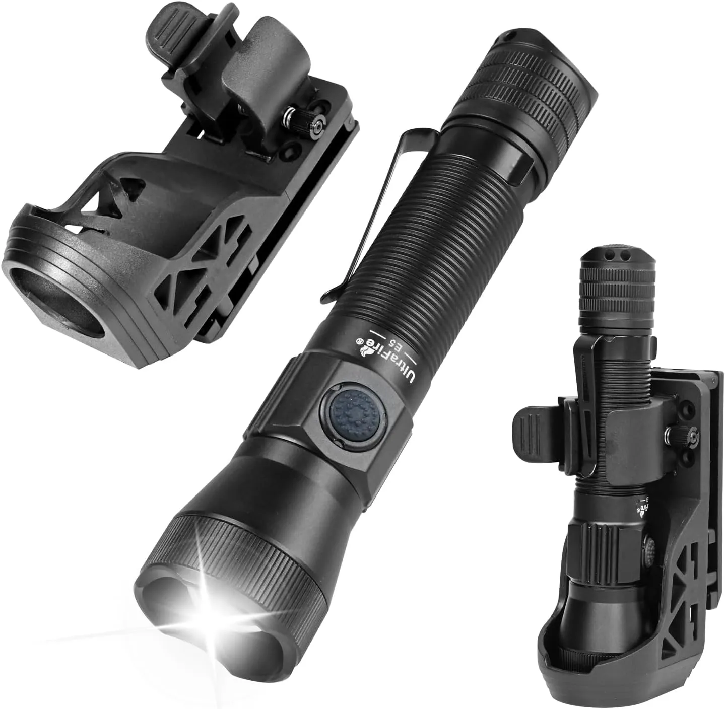 ULTRAFIRE Tactical EDC Flashlight with Holster,1350 High Lumens Rechargeable Police Flashlight with Belt Holder,Zoomable LED Flashlights for Emergency,Law Enforcement Torch E5