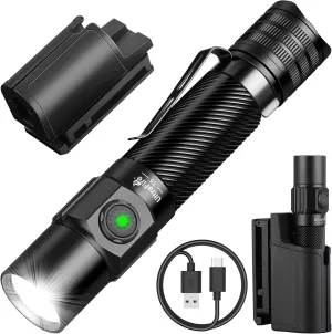 ULTRAFIRE Tactical Flashlight with Belt Holster, 1800 High Lumen Rechargeable Flashlight with Duty Belt Holder, Security Flashlight for Police, Law Enforcement, 6 Modes LED Flashlight with Dual Switch