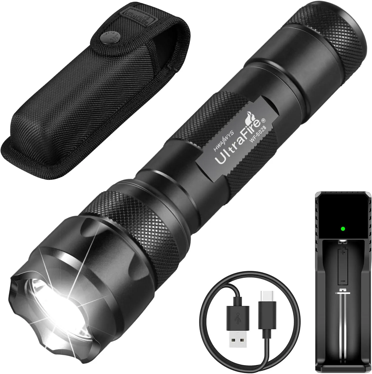 ULTRAFIRE Tactical Flashlight with Holster, 1000 Lumen 5 Modes Small EDC Flashlight with Torch Pouch for Duty Belt, Bright Waterproof Protable Flash Light, WF-502B