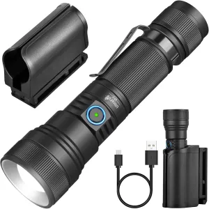 ULTRAFIRE Tactical Flashlight with Holster, 1500 Lumen Zoomable LED Police Flashlight, 5 Modes, Rechargeable, Black