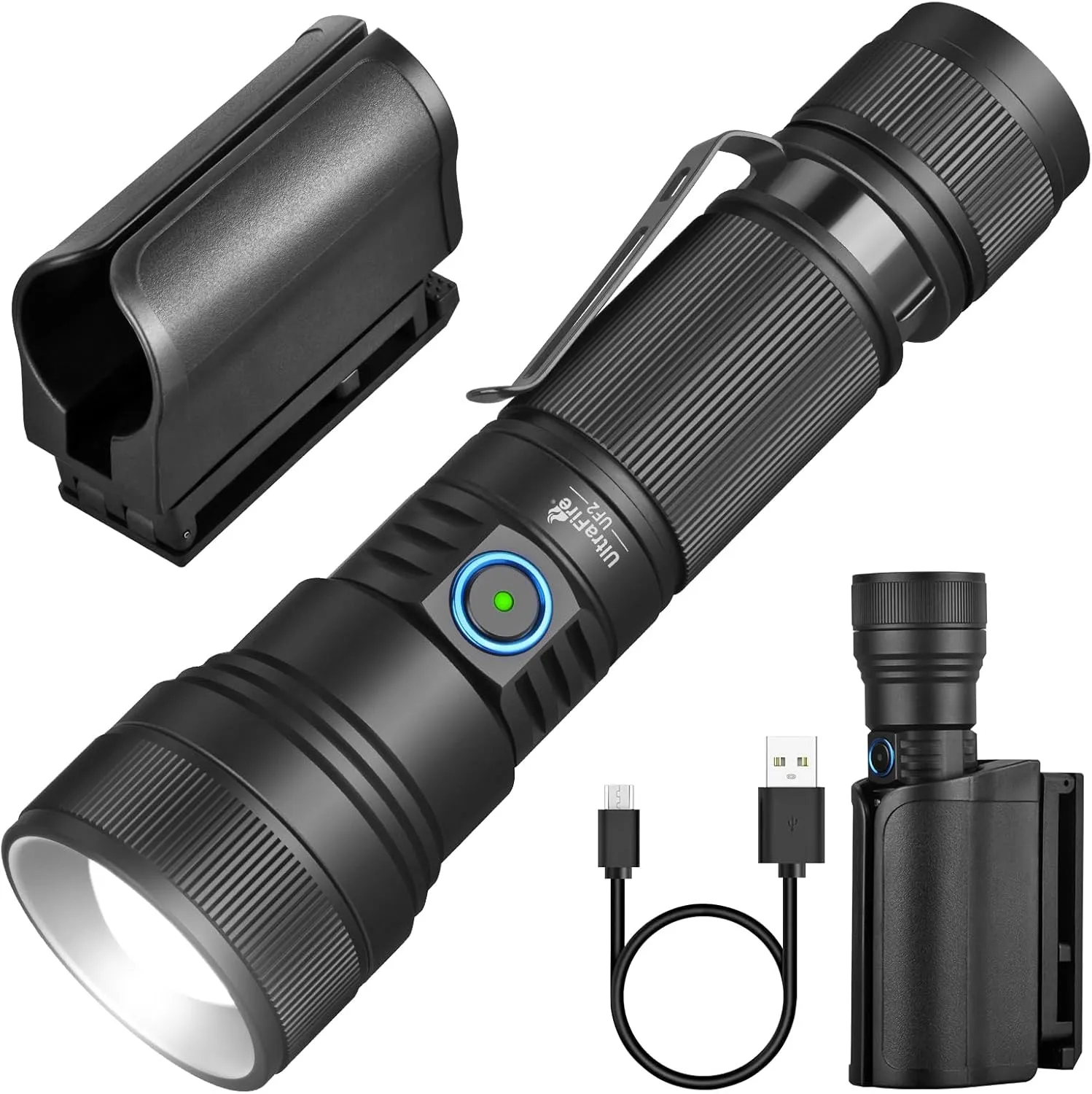 ULTRAFIRE Tactical Flashlight with Holster, 1500 Lumen Zoomable LED Police Flashlight, 5 Modes, Rechargeable, Black