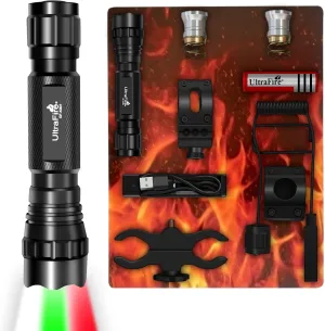 ULTRAFIRE Tactical Flashlights Predator Light with Interchangeable (Red, Green, White), 1200 Lumen LED Spotlight Light Hunting Flashlight with Picatinny Scope Mount and Pressure Switch, GF-K001