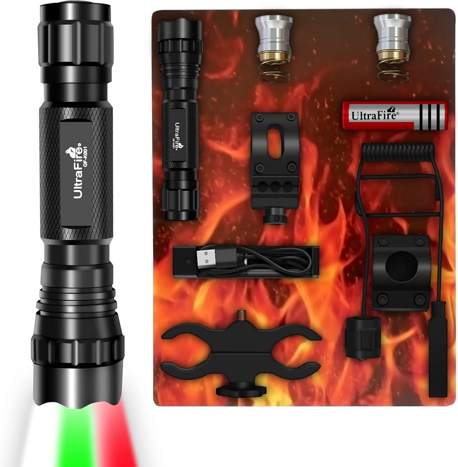 ULTRAFIRE Tactical Flashlights Predator Light with Interchangeable (Red, Green, White), 1200 Lumen LED Spotlight Light Hunting Flashlight with Picatinny Scope Mount and Pressure Switch, GF-K001