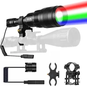 ULTRAFIRE UC90 4-Color-in 1 (Green, Red, White, Blue) Scope Mount Hungting Light Predator Flashlight, 2200 High Lumens Super Bright Flashlight with Pressure Switch, for Hog Coyote Varmint Hunting