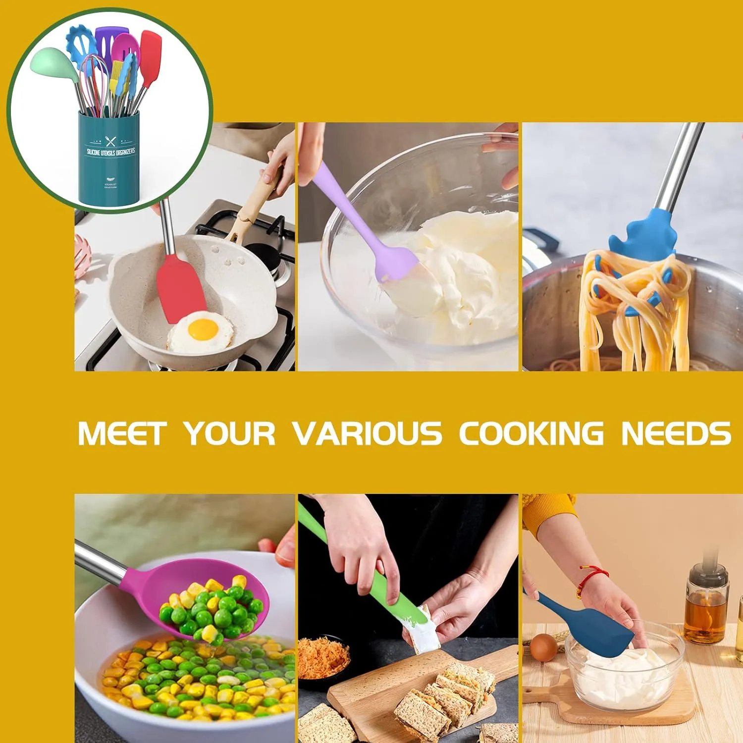 Umite Chef Kitchen Utensils Set, 15 pcs Silicone Cooking Kitchen Utensils Set, Non-stick Silicone Stainless Steel Handle Turner Spatula Spoon Tongs Whisk Cookware - Colorful