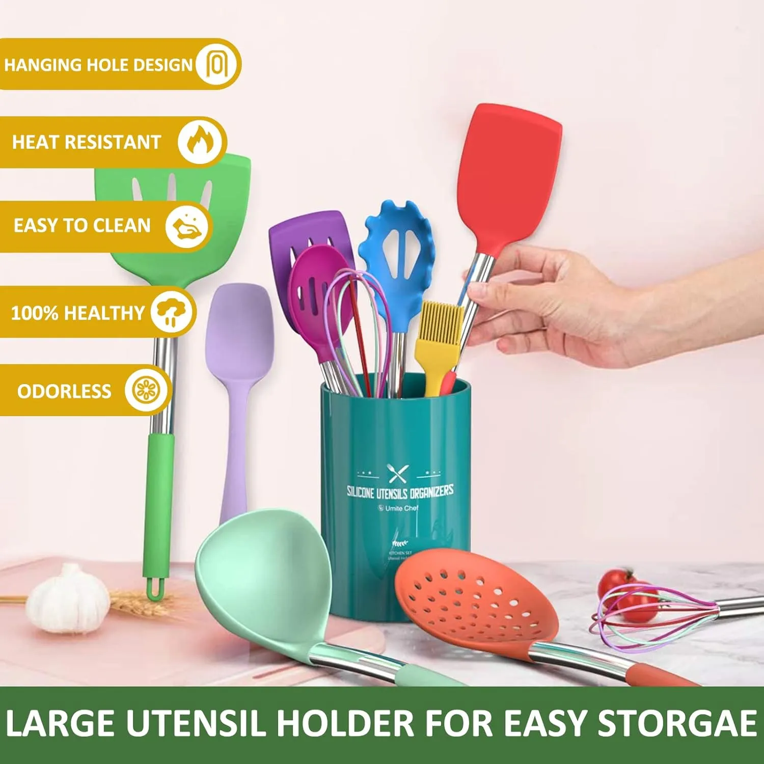Umite Chef Kitchen Utensils Set, 15 pcs Silicone Cooking Kitchen Utensils Set, Non-stick Silicone Stainless Steel Handle Turner Spatula Spoon Tongs Whisk Cookware - Colorful