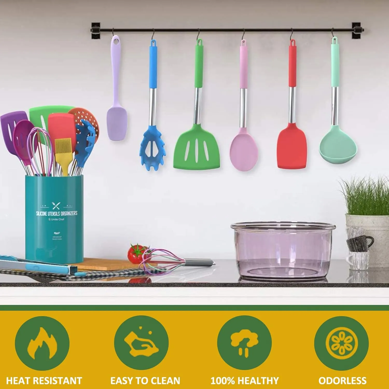 Umite Chef Kitchen Utensils Set, 15 pcs Silicone Cooking Kitchen Utensils Set, Non-stick Silicone Stainless Steel Handle Turner Spatula Spoon Tongs Whisk Cookware - Colorful
