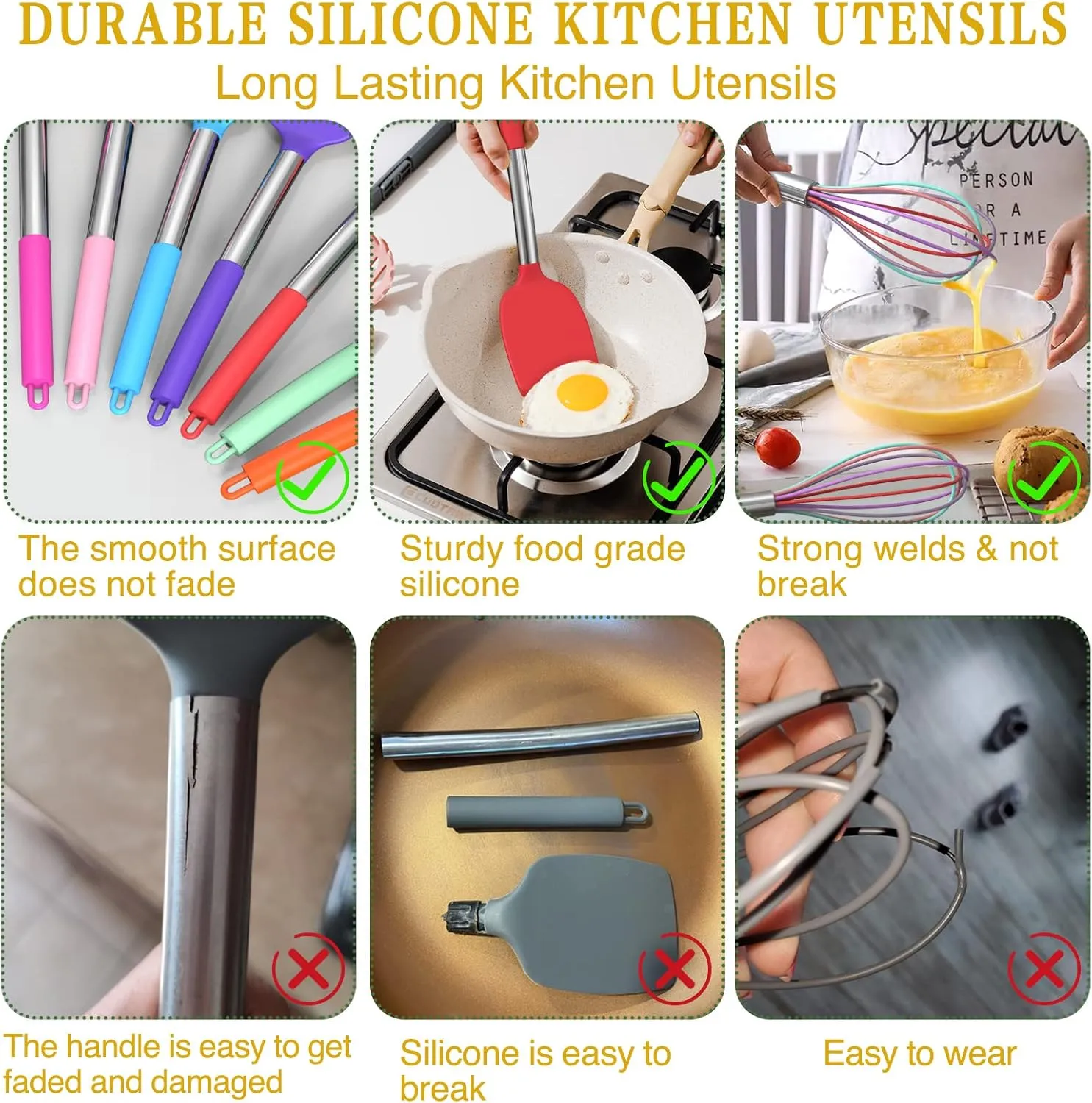 Umite Chef Kitchen Utensils Set, 15 pcs Silicone Cooking Kitchen Utensils Set, Non-stick Silicone Stainless Steel Handle Turner Spatula Spoon Tongs Whisk Cookware - Colorful