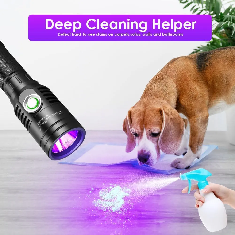 UniqueFire 1602 395nm UV Flashlight, High Power USB Rechargeable UV Resin Light, 2 Mode Mini LED Handheld Uv Flashlights Powerful Handheld Detector for Pet Urine, Fluorescence etc. (uv395nm_1602)