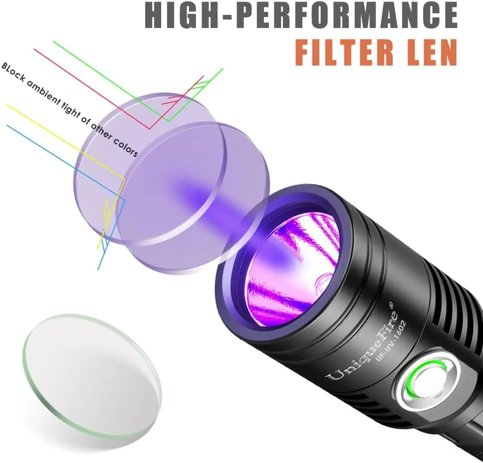 UniqueFire 1602 395nm UV Flashlight, High Power USB Rechargeable UV Resin Light, 2 Mode Mini LED Handheld Uv Flashlights Powerful Handheld Detector for Pet Urine, Fluorescence etc. (uv395nm_1602)
