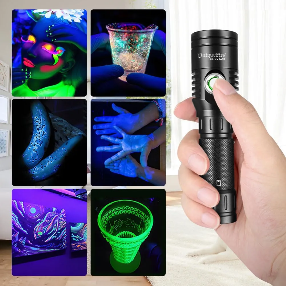 UniqueFire 1602 395nm UV Flashlight, High Power USB Rechargeable UV Resin Light, 2 Mode Mini LED Handheld Uv Flashlights Powerful Handheld Detector for Pet Urine, Fluorescence etc. (uv395nm_1602)