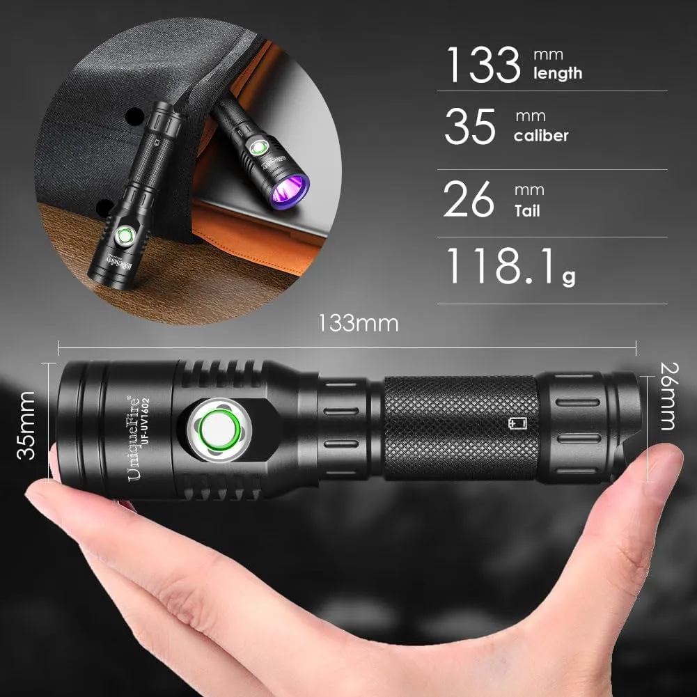 UniqueFire 1602 395nm UV Flashlight, High Power USB Rechargeable UV Resin Light, 2 Mode Mini LED Handheld Uv Flashlights Powerful Handheld Detector for Pet Urine, Fluorescence etc. (uv395nm_1602)