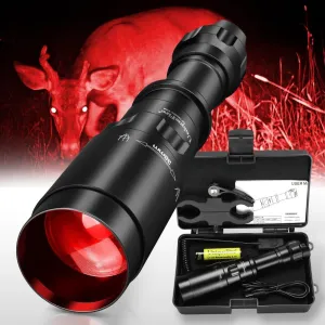 UniqueFire 1605N Red Flashlight for Night Zoomable Hunting Flashlight Rechargeable with Remote Pressure Switch & Scope Bracket Hog Coyote Red Predator Light