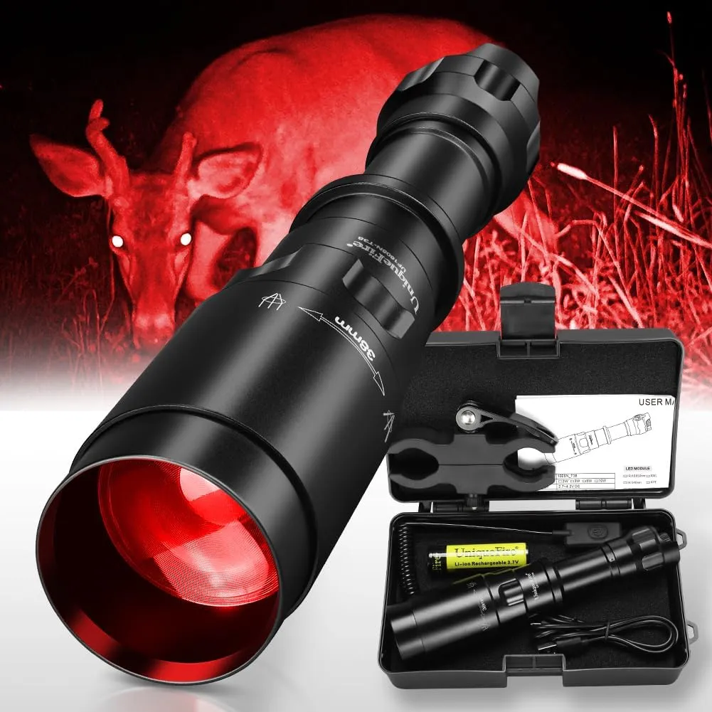UniqueFire 1605N Red Flashlight for Night Zoomable Hunting Flashlight Rechargeable with Remote Pressure Switch & Scope Bracket Hog Coyote Red Predator Light