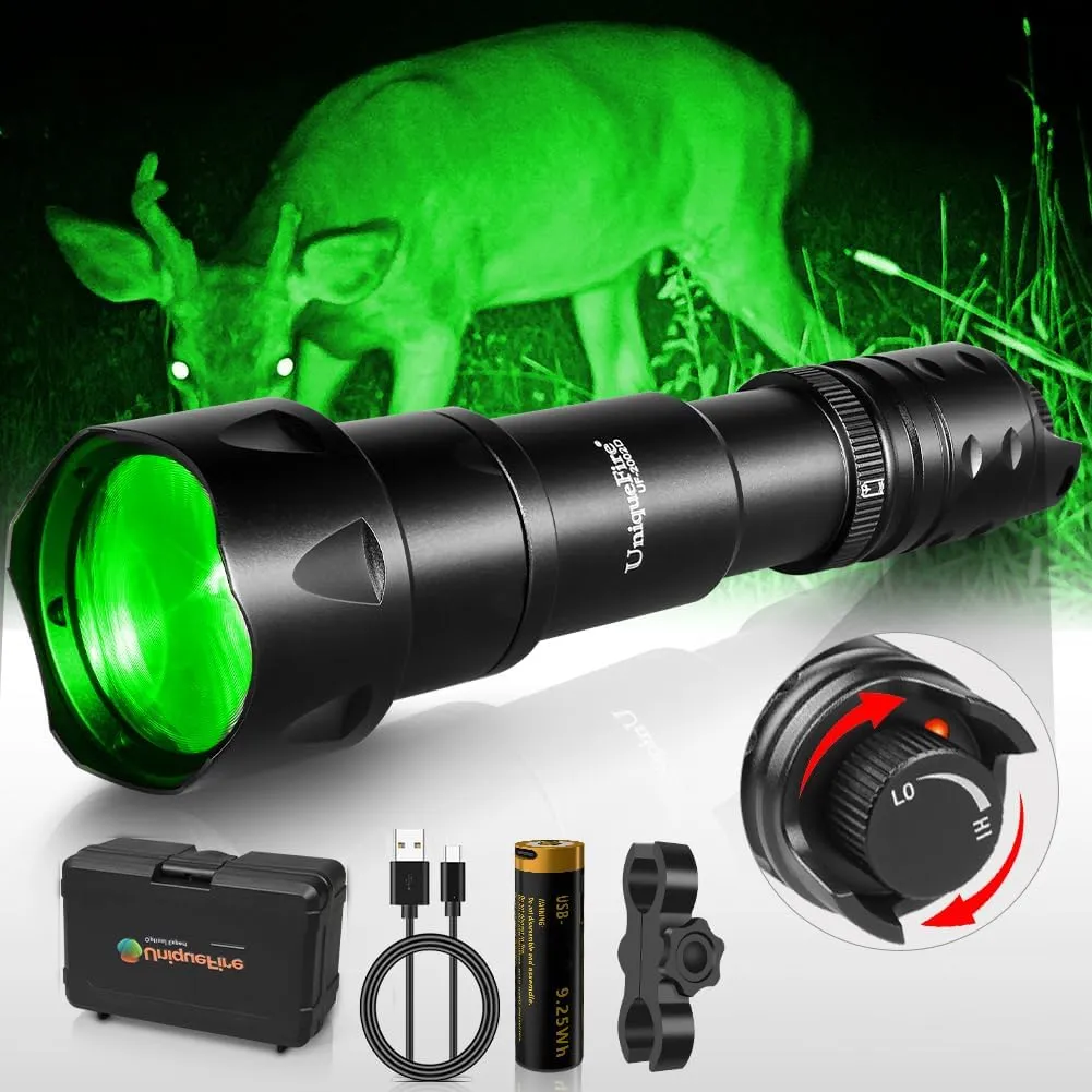 UniqueFire 2002D Green Flashlight for Night Hunting, Fresnel Lens Zoomable Predator Green Light Rechargeable with Rapid Dimmer Switch & Bracket, Hog Coyote Hunting Light Flashlight